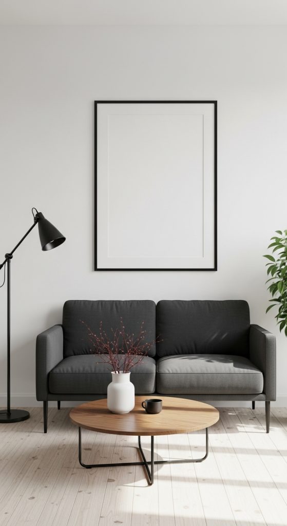 A minimalist living room with a sleek black sofa as the focal point, a simple metal coffee table