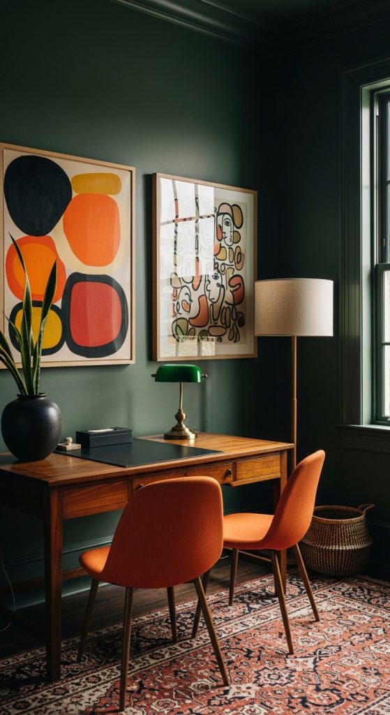 An eclectic room with deep green walls and a statement piece of furniture in a vibrant burnt orange color.