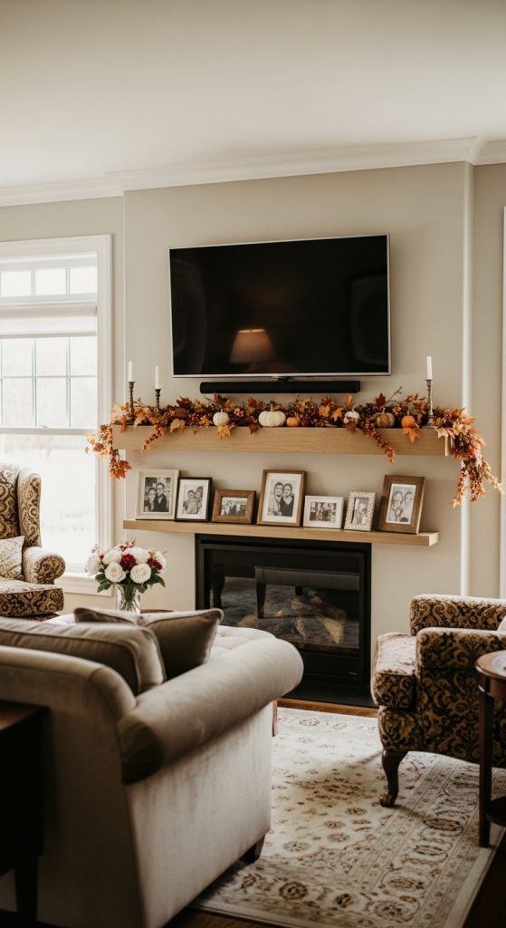 A classic living room with a floating mantel shelf under the TV