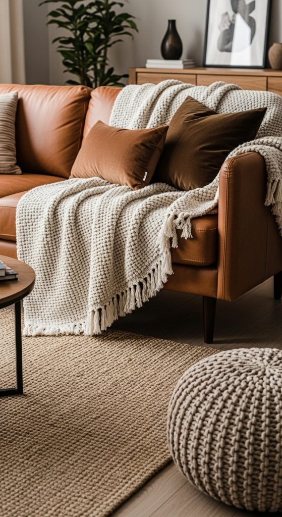 A sleek shelving unit in a living room that doubles as a stylish dry bar.