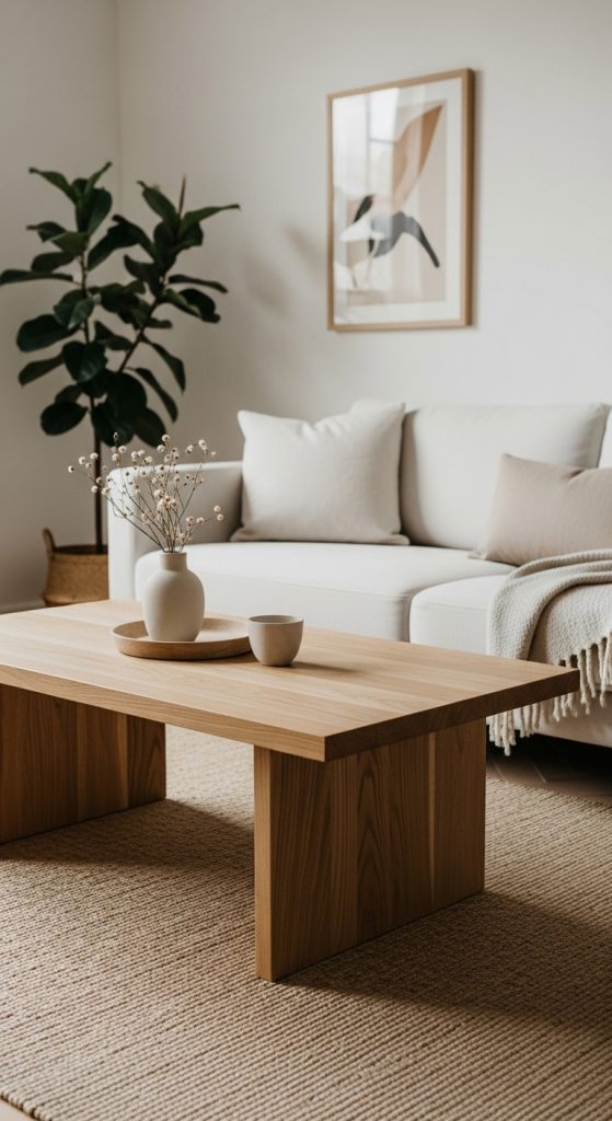 A light oak wood coffee table adding organic warmth and texture to a minimalist living room with a white sofa.