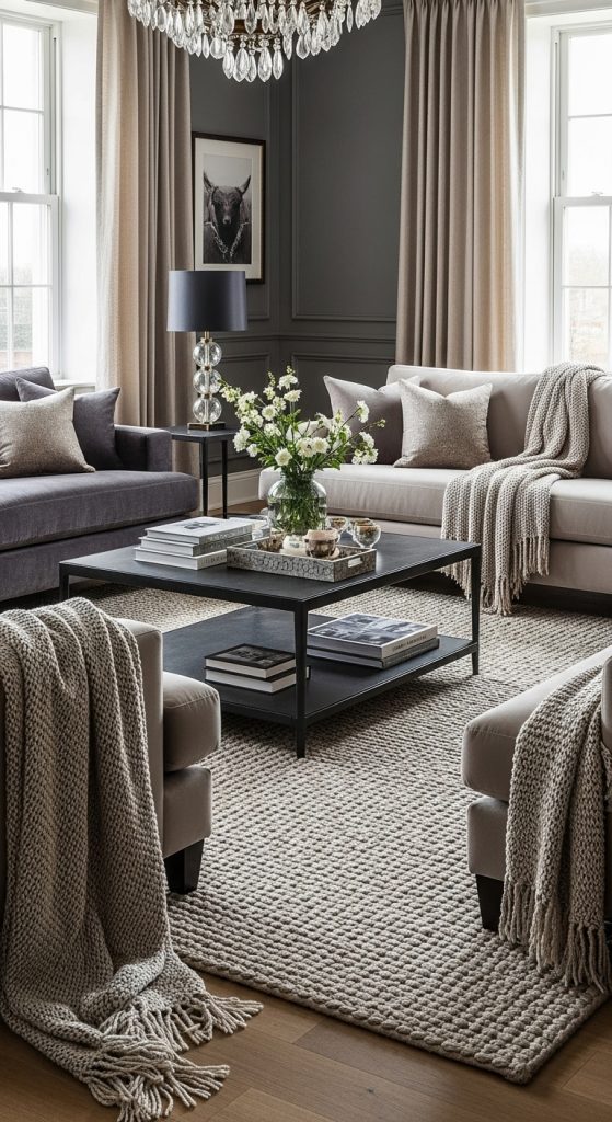 High-end living room with rich fabrics, including velvet upholstery, silk curtains, and a plush textured rug for a cozy, elegant feel.