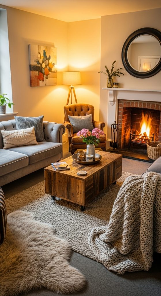 Warm living room layout centered around a fireplace and seating area.