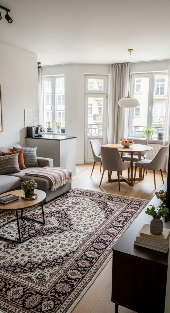 Open-plan living room with a decorative rug defining the seating area.