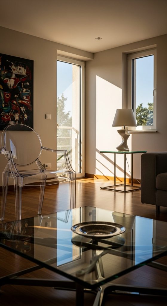 Small modern living room with a glass coffee table creating a light, airy feel.