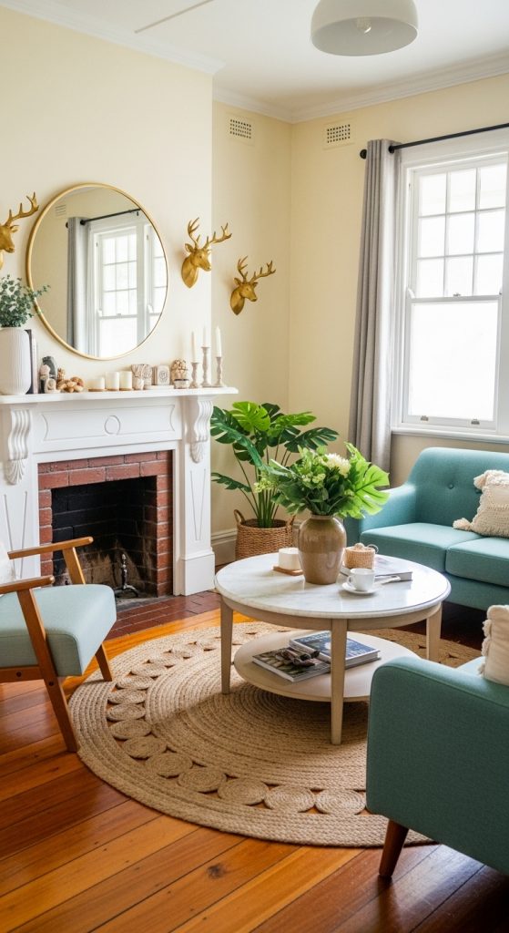 A cozy living room with cream walls, a forest green armchair, and exposed wooden beams creating a cottage feel.