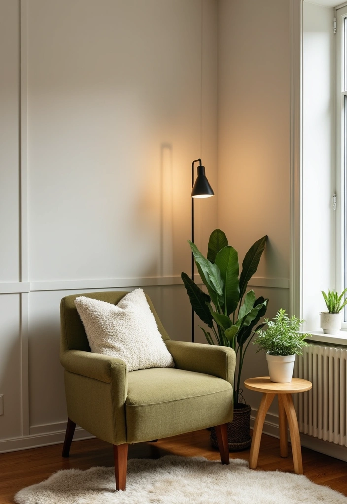 Cozy living room nook with olive green armchair and natural oak side table.