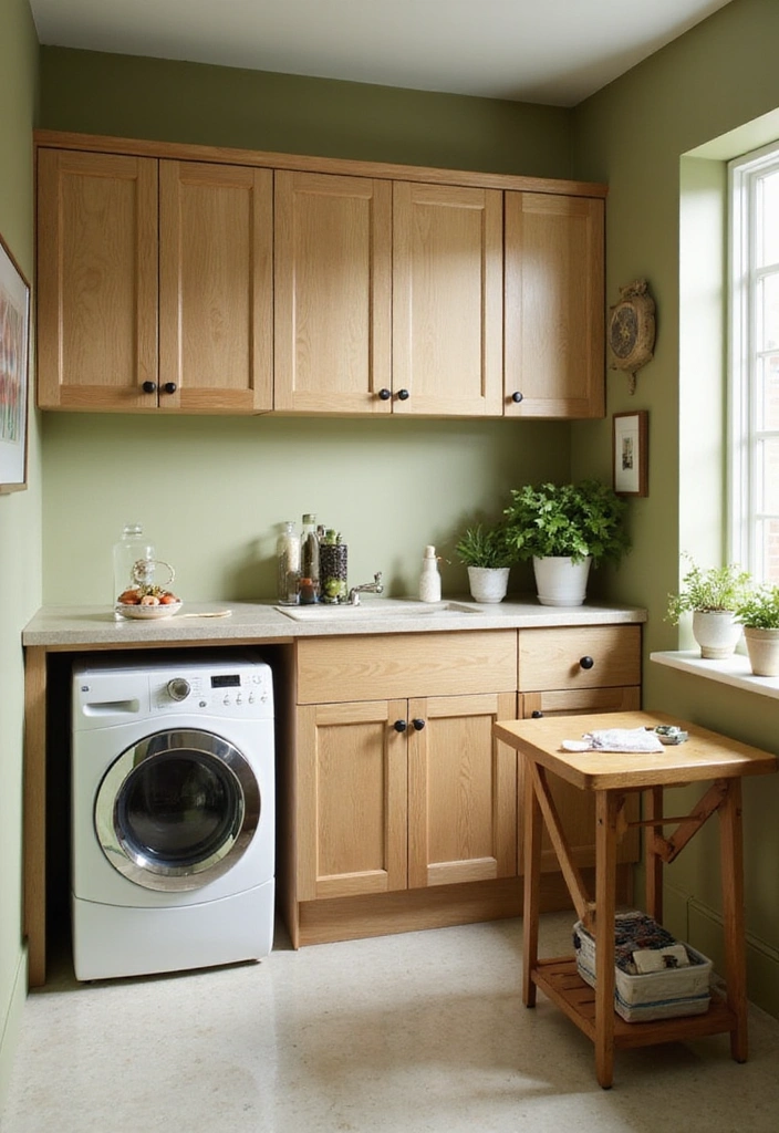 Functional laundry room with natural oak cabinetry and olive green walls.