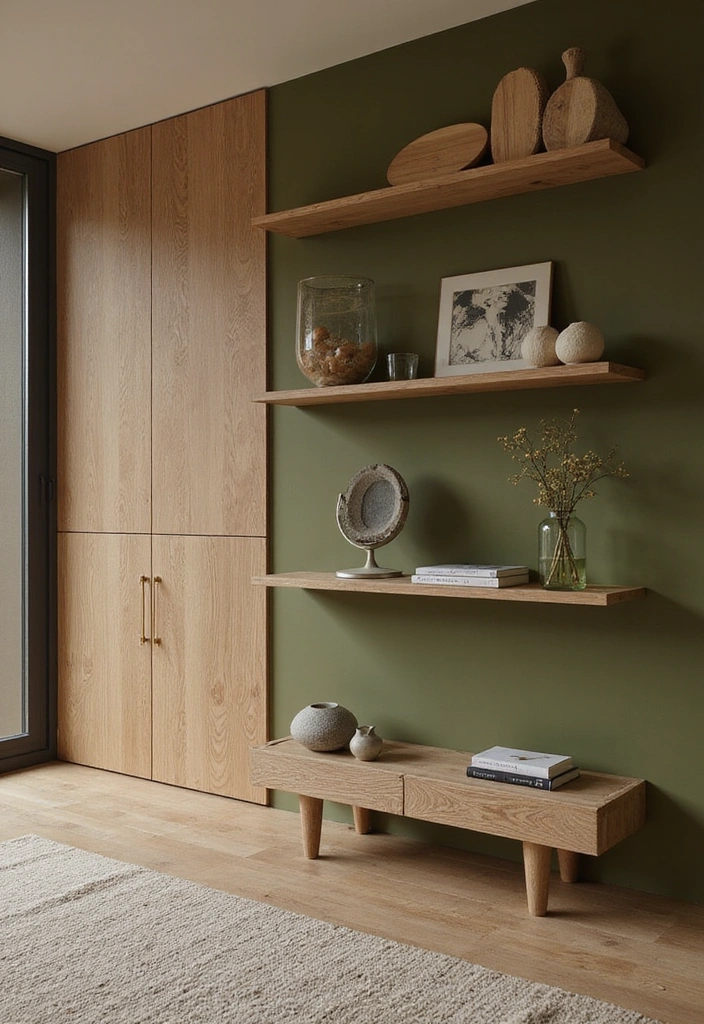 Unique accent wall combining olive green paint with natural oak paneling.