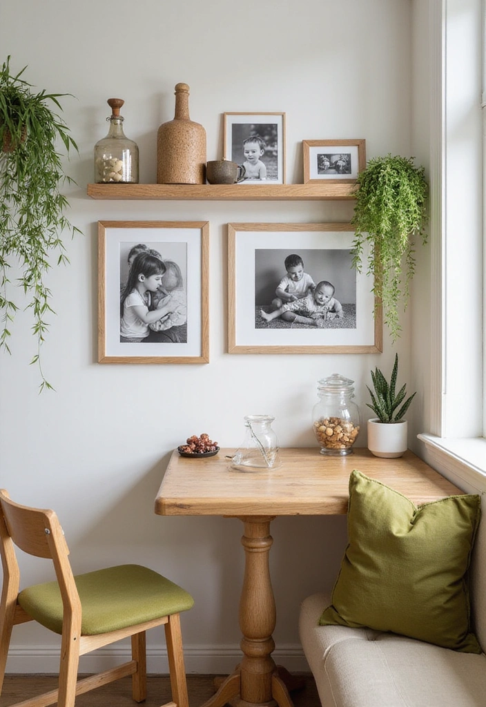 Personalized home decor featuring natural oak frames and olive green textiles.