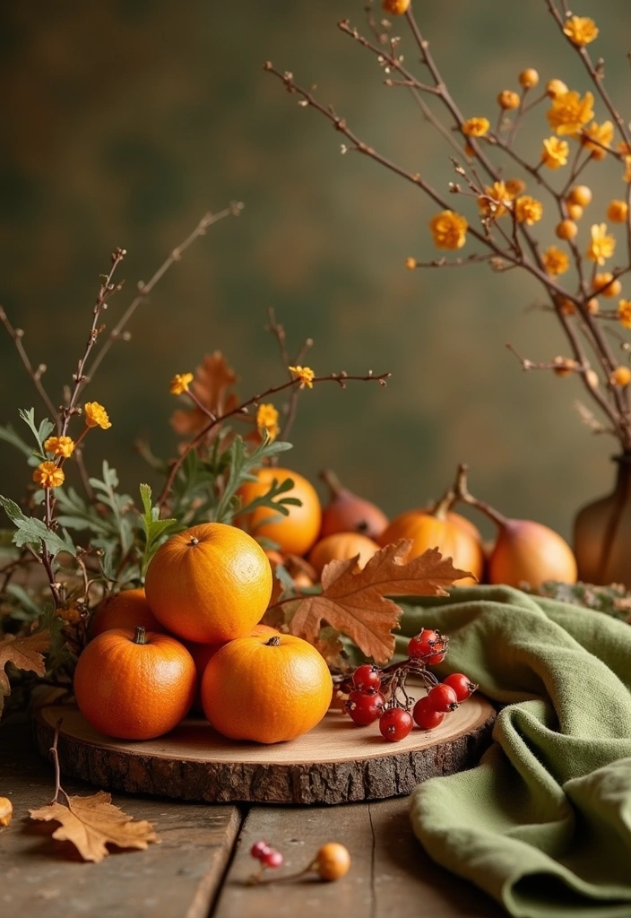 Seasonal decor with an oak serving board and olive green accents.