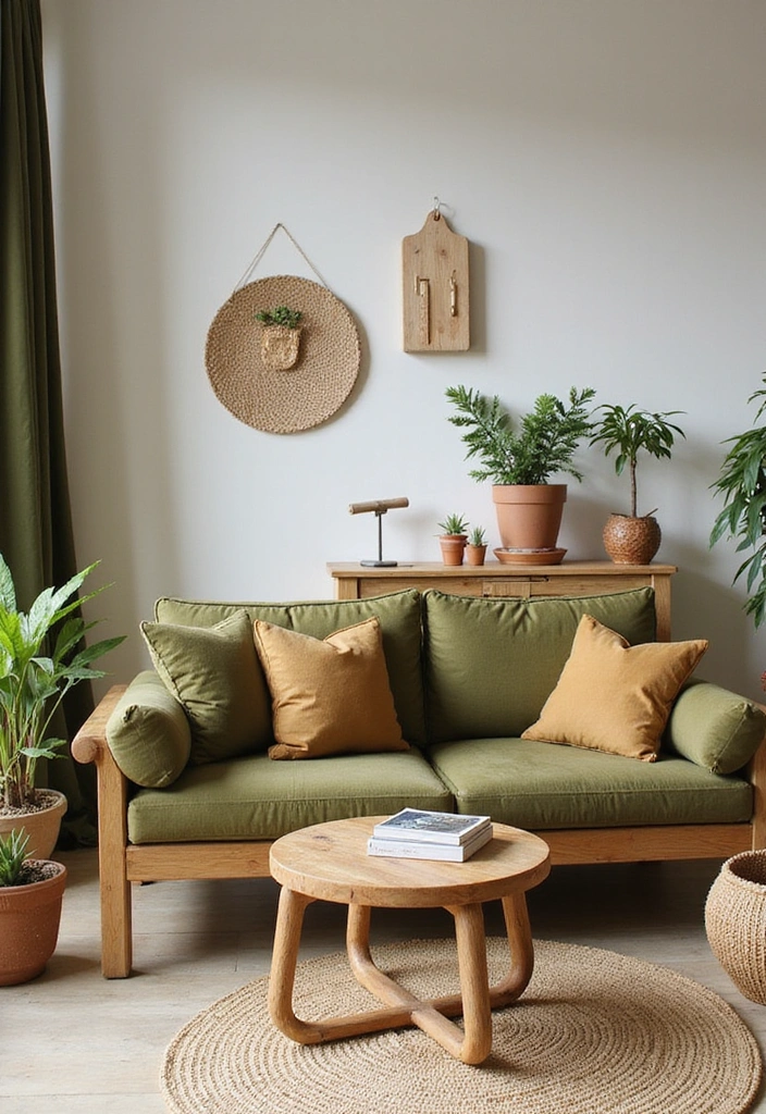 Sustainable decor featuring reclaimed wood and organic textiles.