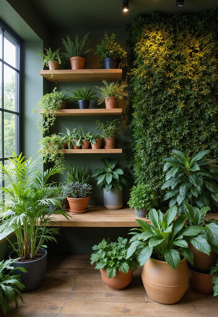 Lush indoor garden with various plants on natural oak shelving against an olive green wall.