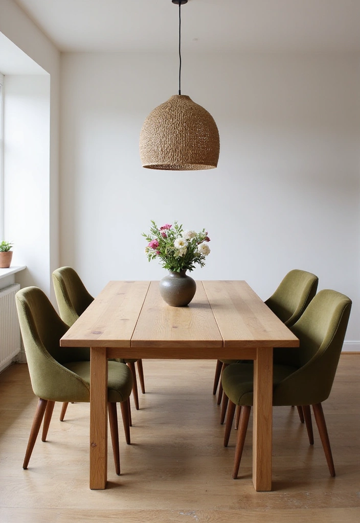 Elegant dining area with a natural oak table and olive green chairs.