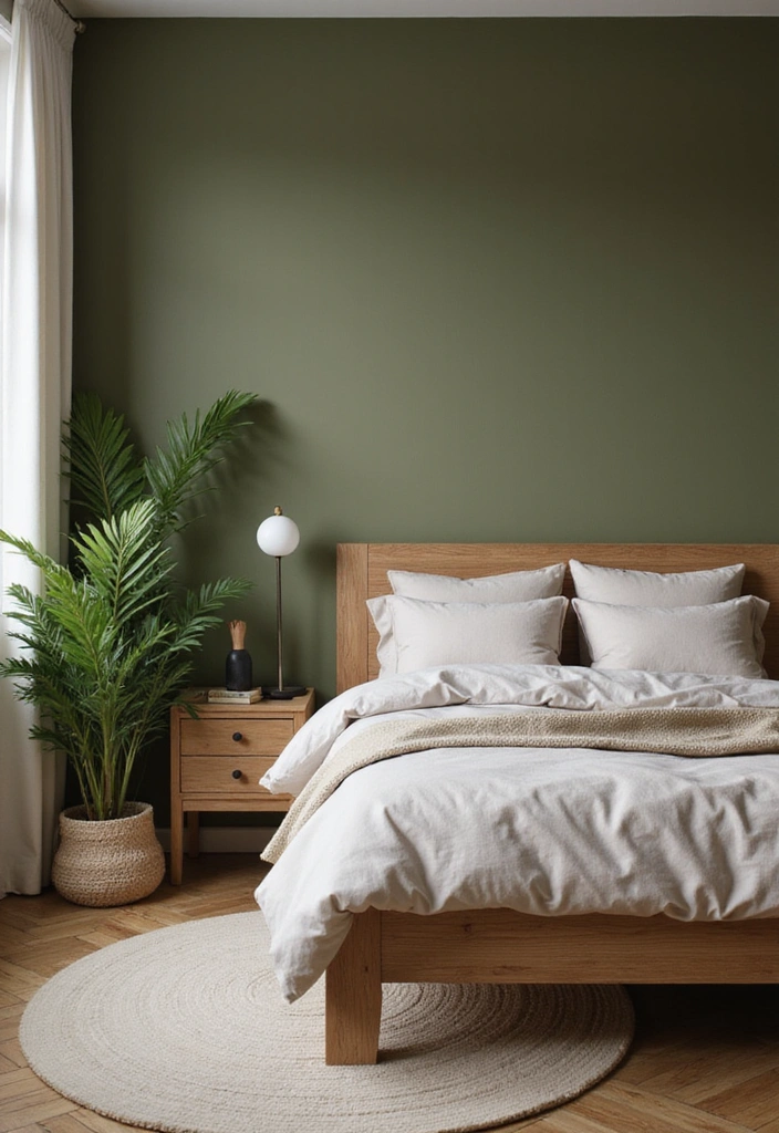 Serene bedroom with an olive green accent wall and a natural oak bed frame.