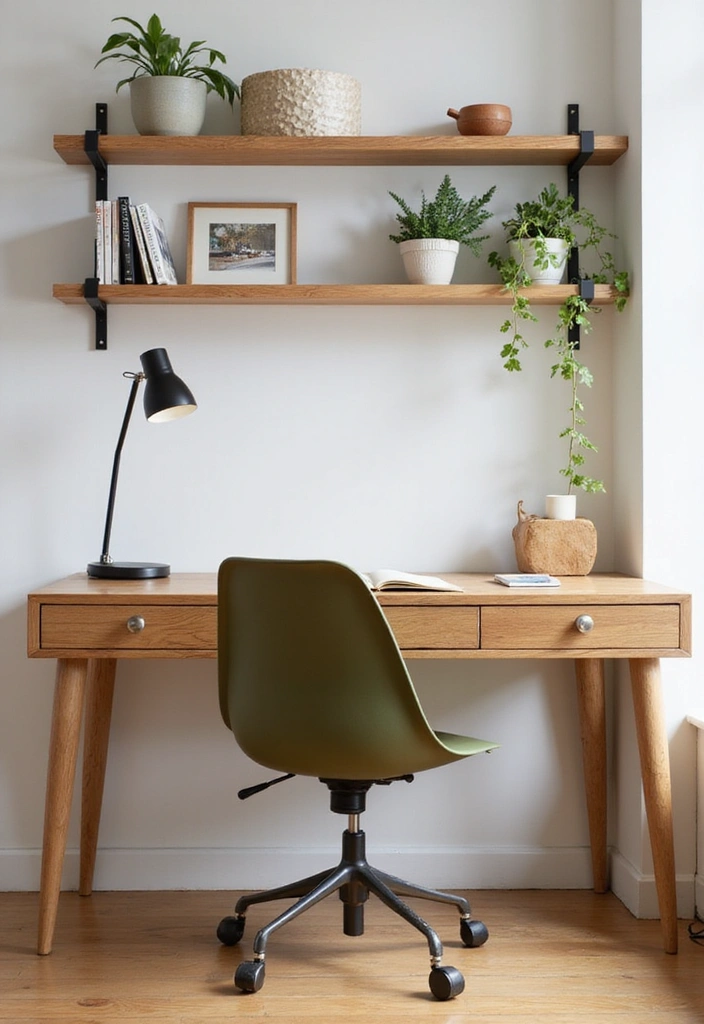 Stylish home office with a natural oak desk and an olive green chair.