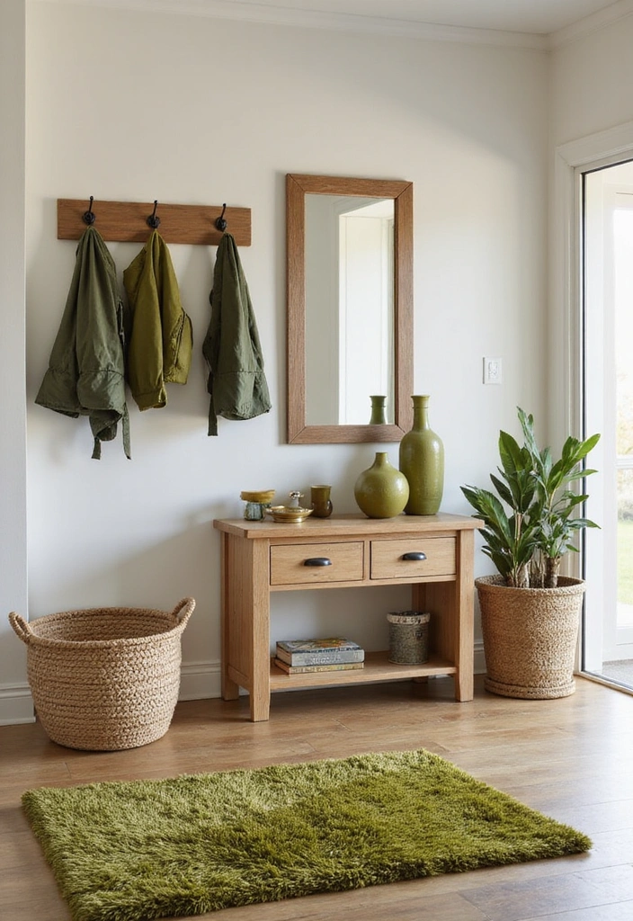 Inviting entryway with a natural oak console table and olive green accents.