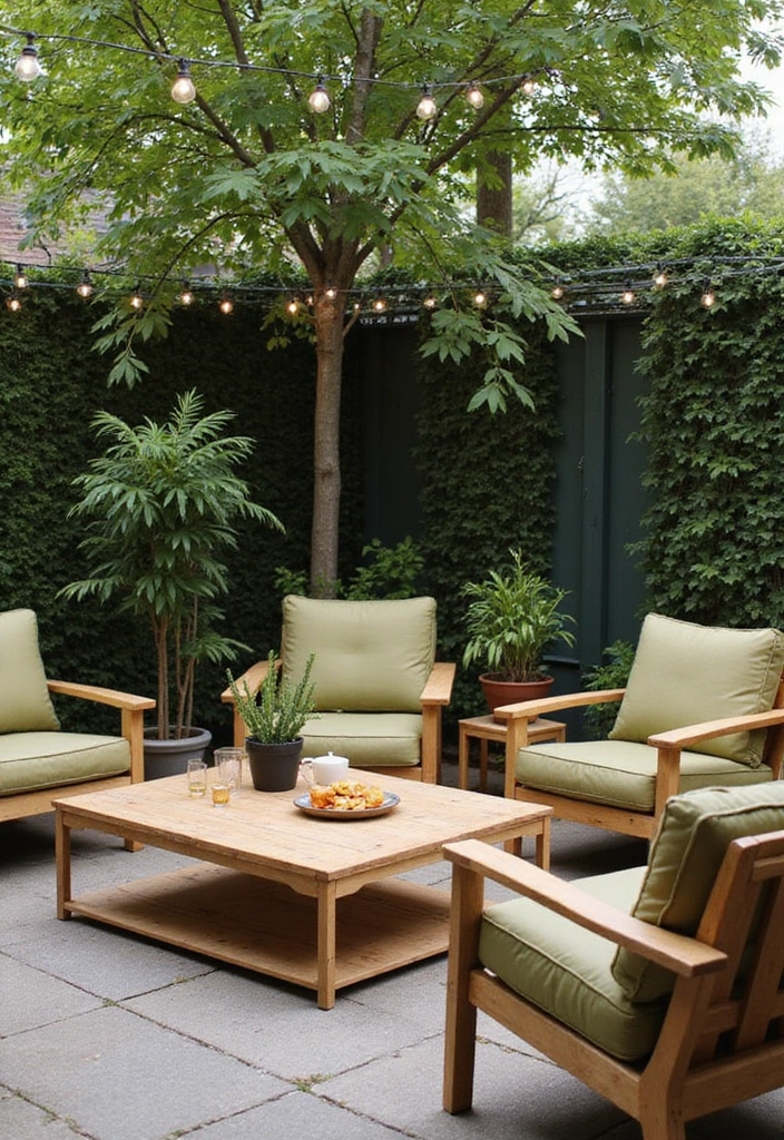 Relaxing outdoor space featuring natural oak furniture and olive green cushions.
