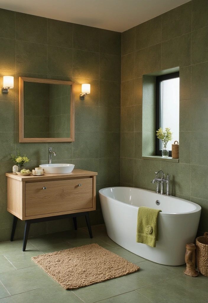 Modern bathroom with an olive green tiled wall and a natural oak vanity.