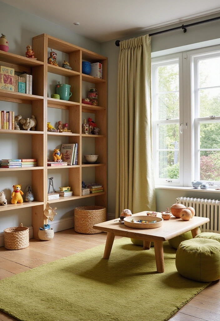 Kids' playroom with natural oak shelving and olive green accents.