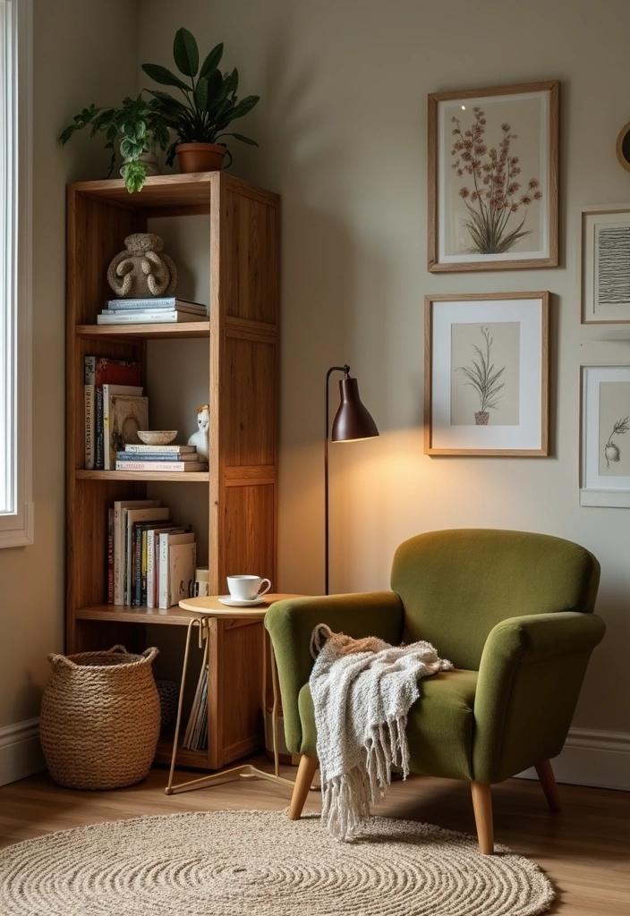 Chic reading corner with a natural oak bookshelf and an olive green armchair.
