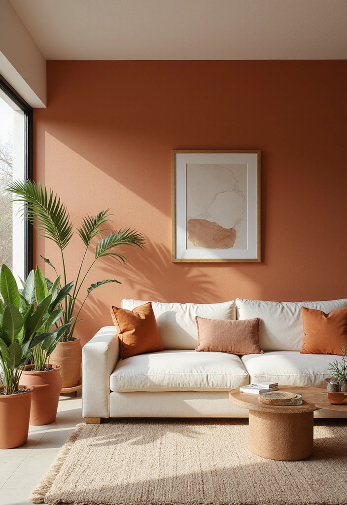 A cozy living room with warm terracotta accent wall and cream-colored furniture.