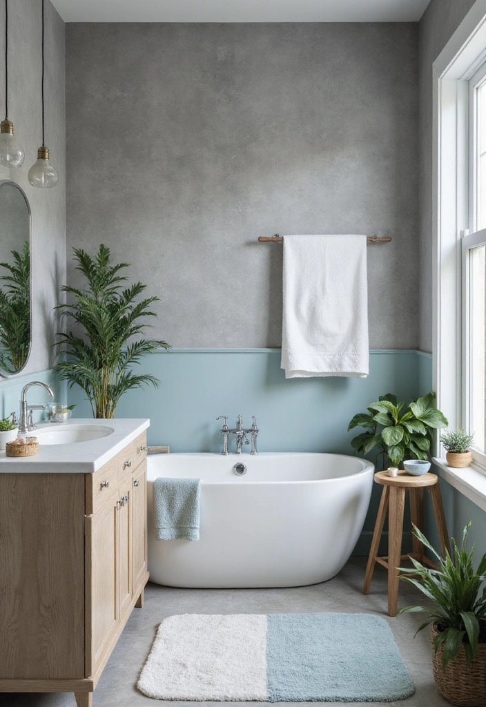 Serene bathroom with pebble gray tiles and dusty blue vanity.