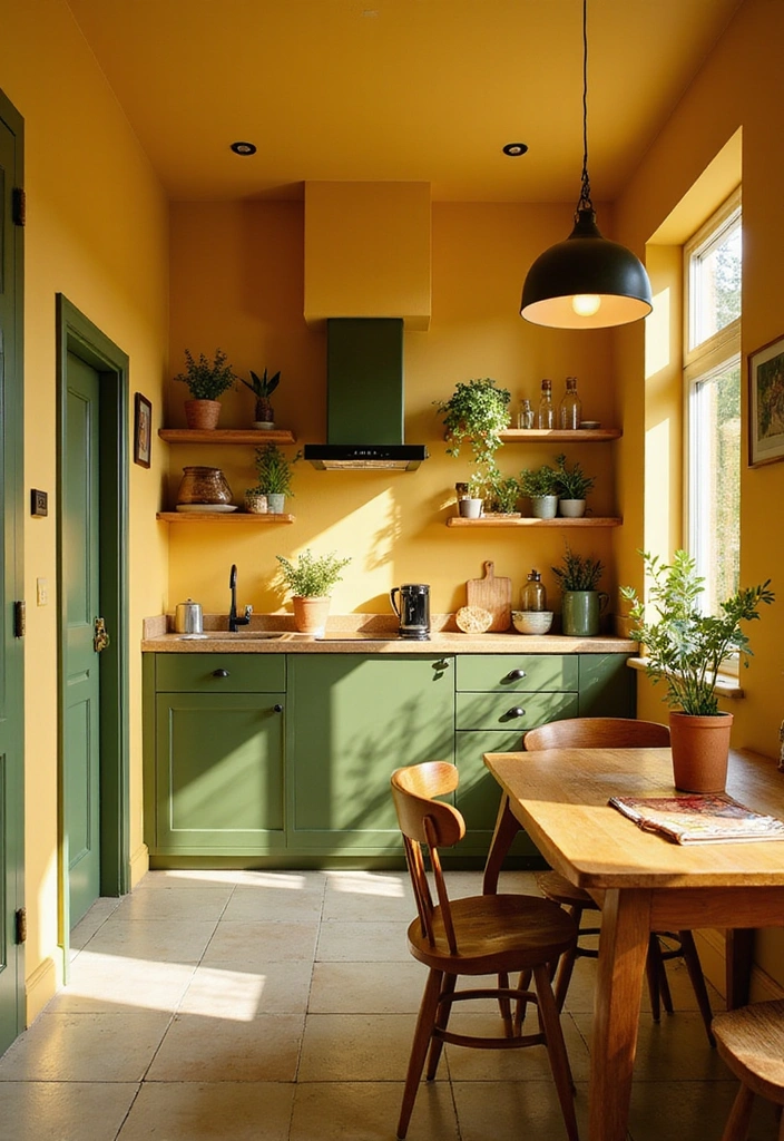 Dining area with golden yellow chairs and an olive green accent wall.
