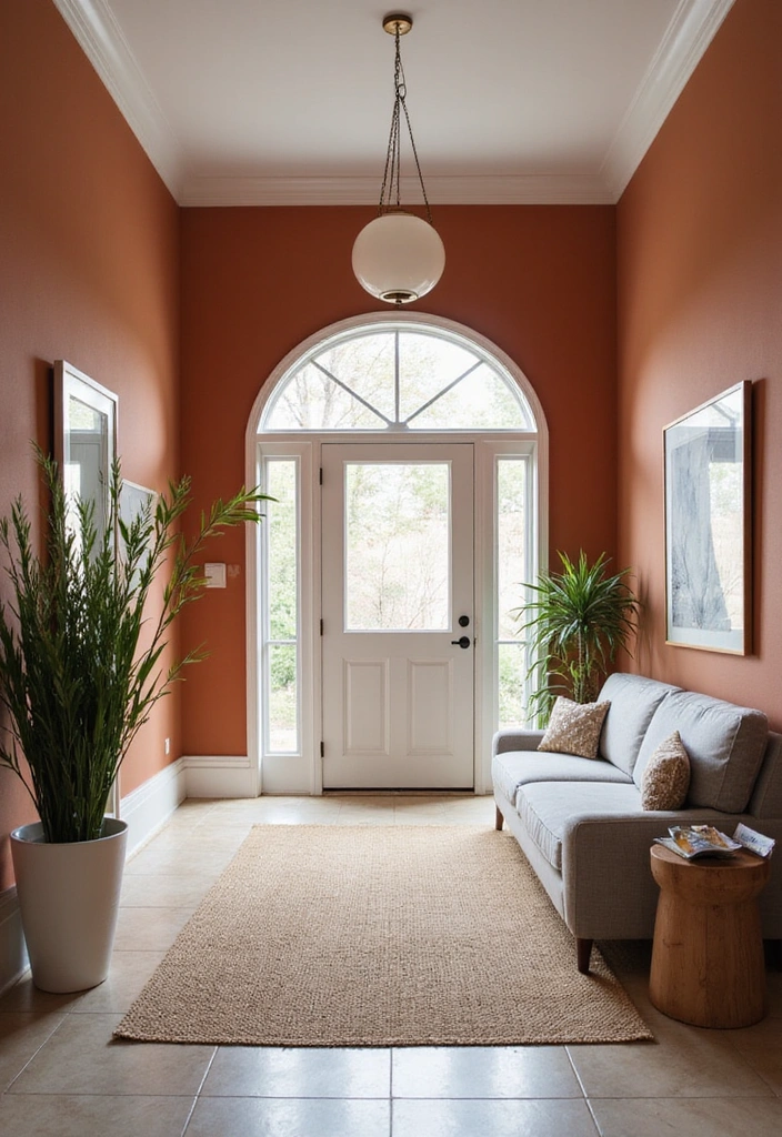 Modern entryway featuring a terracotta accent piece against light gray walls.