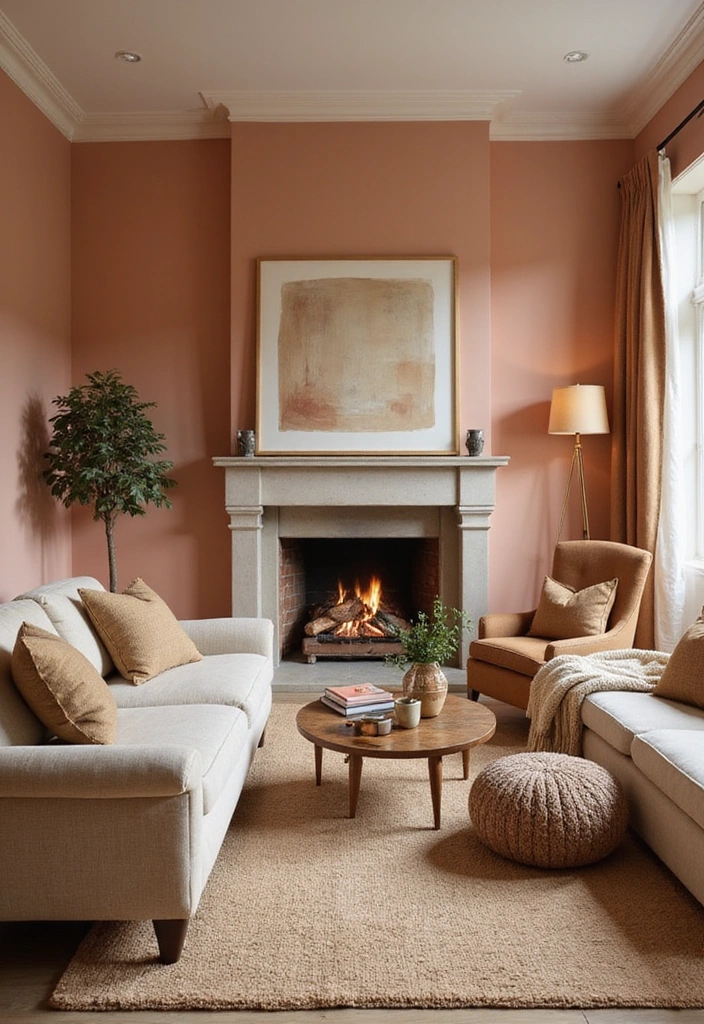 Cozy family room with soft peach walls and warm brown leather furniture.