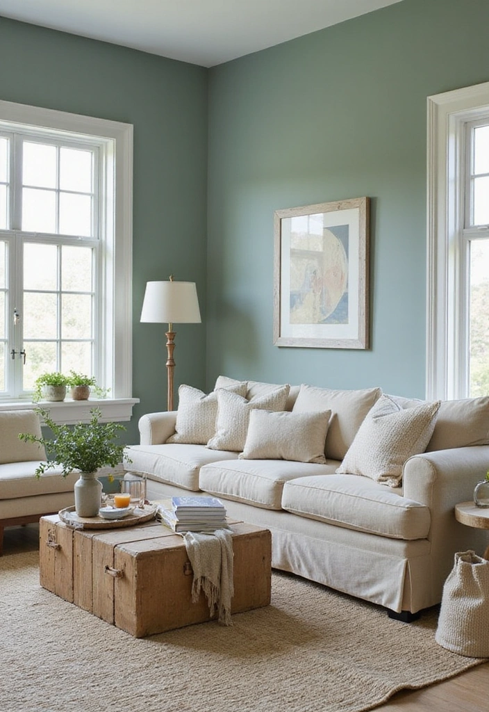 Coastal-inspired living room with a muted teal sofa and light sand colored rug.
