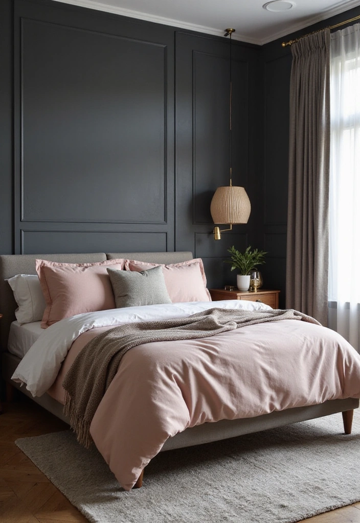 Elegant bedroom with charcoal gray walls and soft blush pink bedding.