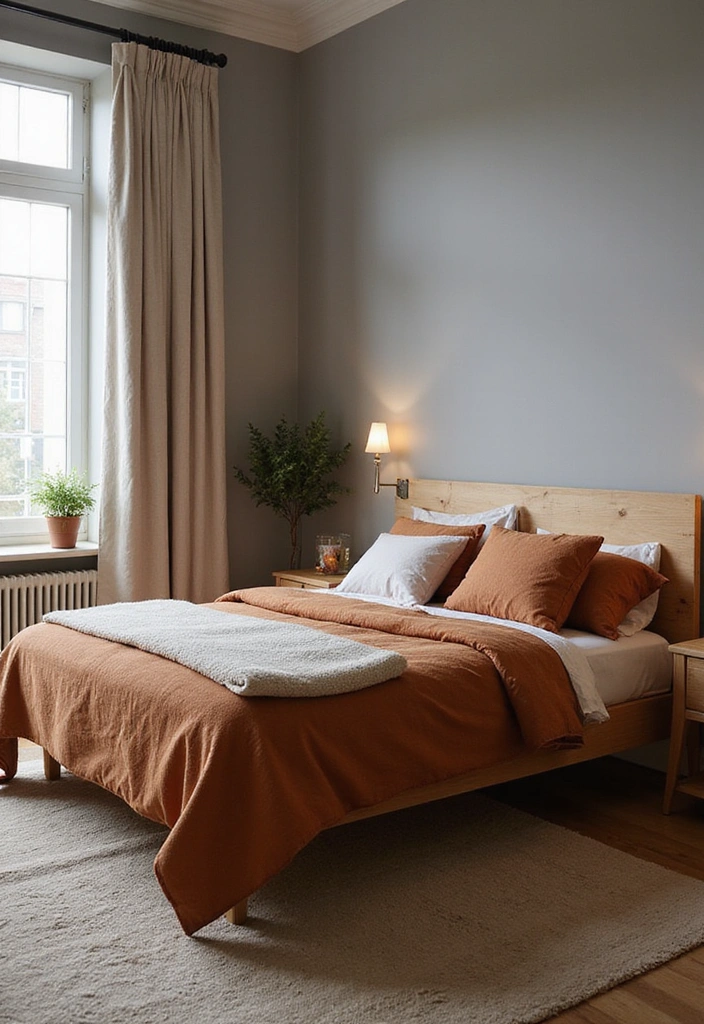 Living room with a soft gray sofa accented with rust-colored throw pillows.