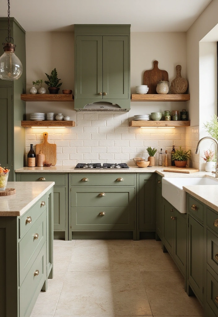 Kitchen featuring classic olive green cabinets and a cream-colored backsplash.