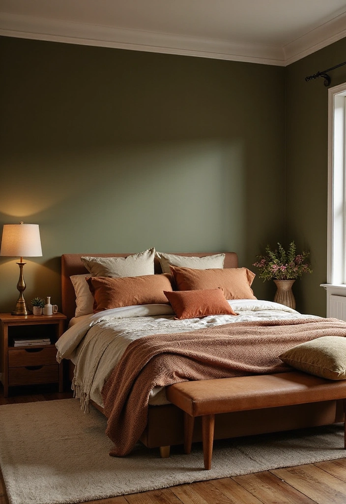 Sophisticated room with olive green walls and burnt umber wood details.