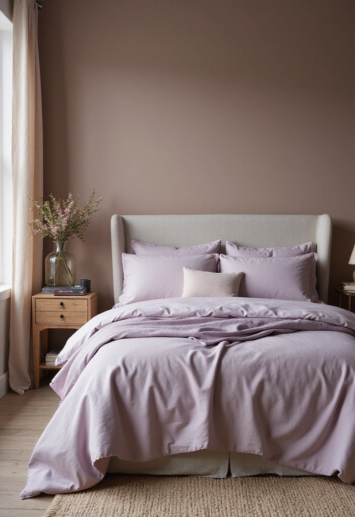 Relaxing bedroom with warm taupe walls and dusty lavender bedding.