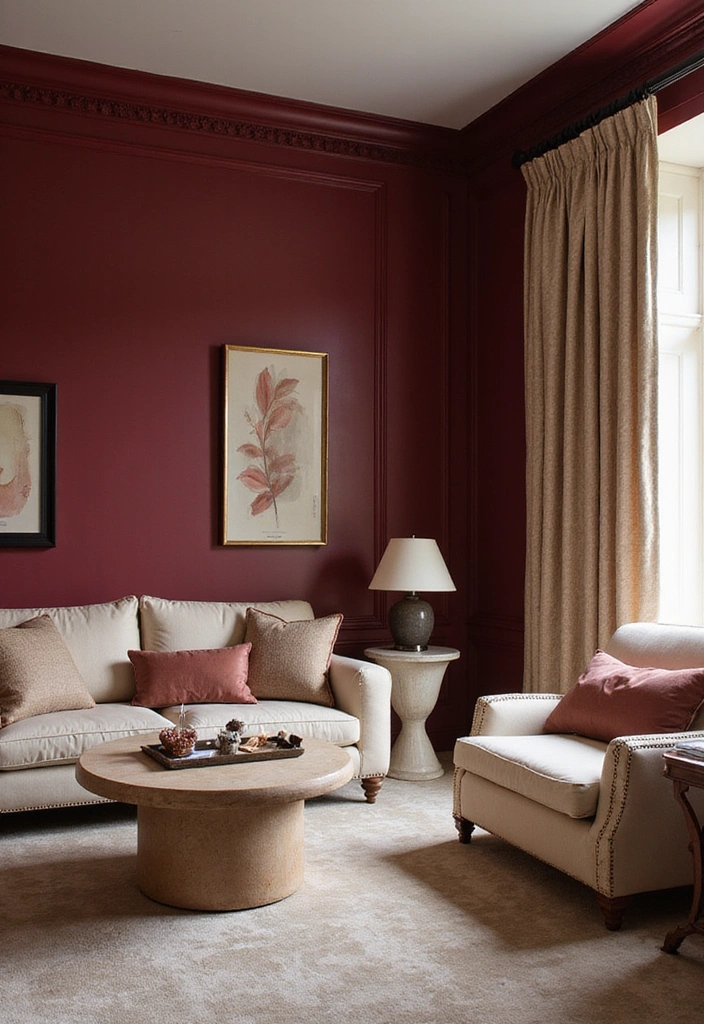 Luxurious dining room with rich burgundy chairs and soft beige walls.