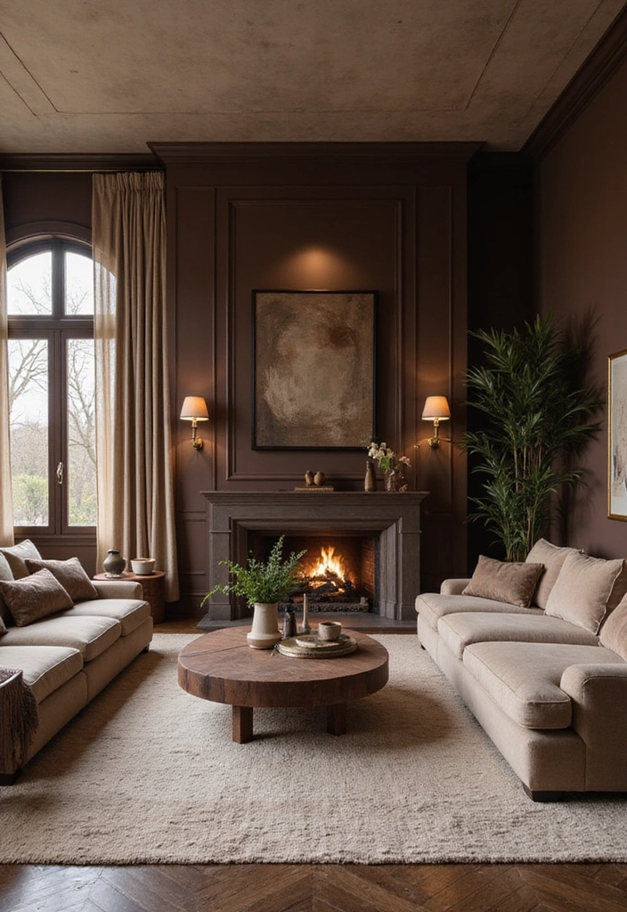 Luxurious living room decorated in rich chocolate brown and soft taupe.