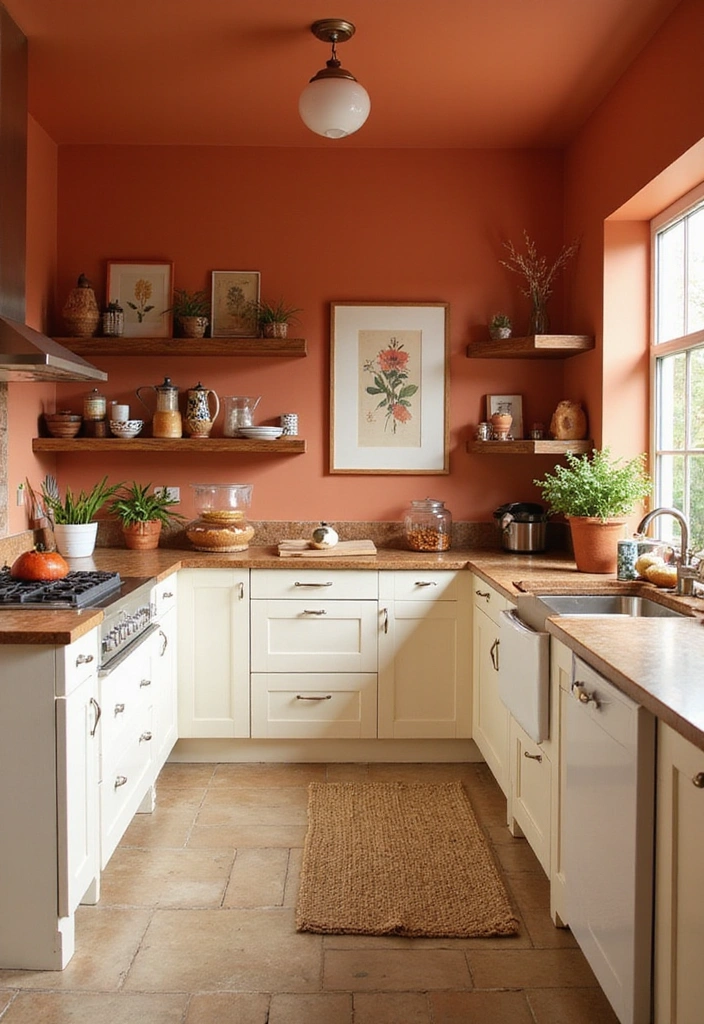 Kitchen with vibrant clay orange accents and soft ivory cabinets.