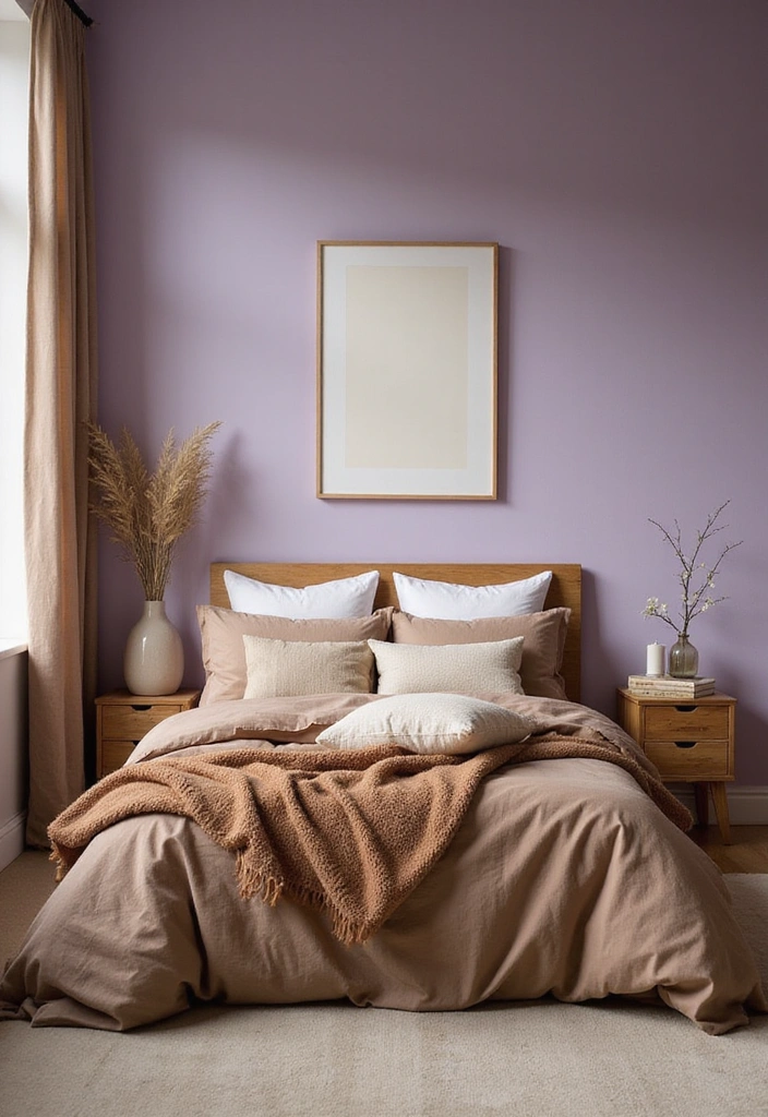 Relaxing space combining soft lavender accents with earthy brown furniture.