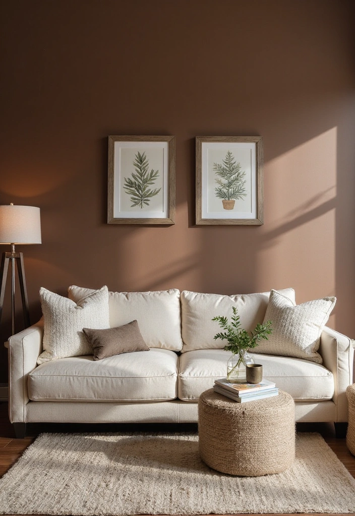 Living room with a comfortable mocha-colored sofa and soft cream walls.