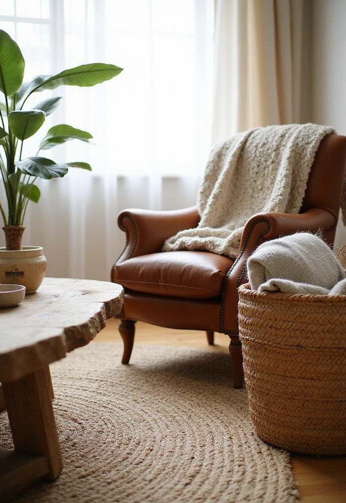 Earthy living room with natural textures like a jute rug and wooden coffee table.