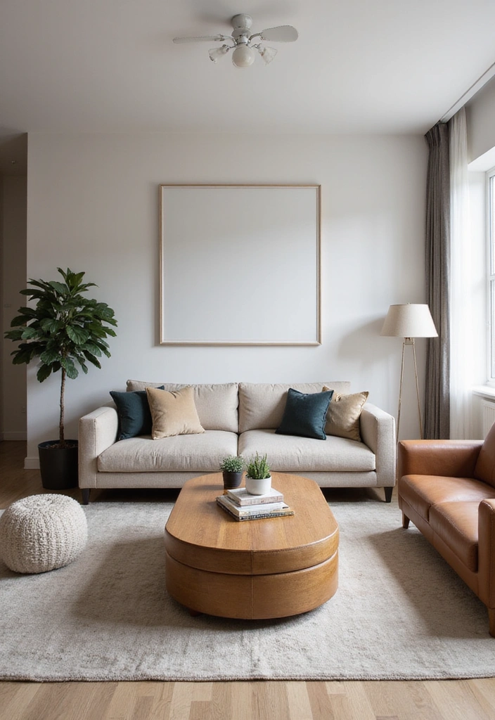 Multi-functional living room with a work desk in one corner and a cozy seating area.