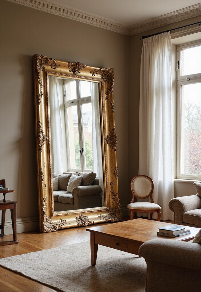 Large mirror with a wooden frame in a living room, reflecting light and creating an illusion of space.