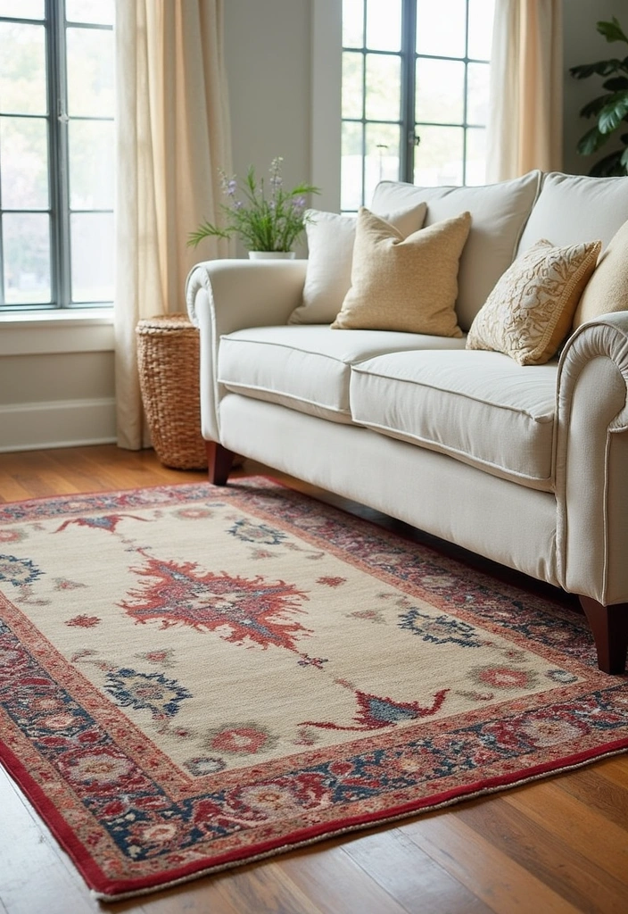 Living room with a layered rug look, featuring a large neutral rug topped with a smaller patterned one.