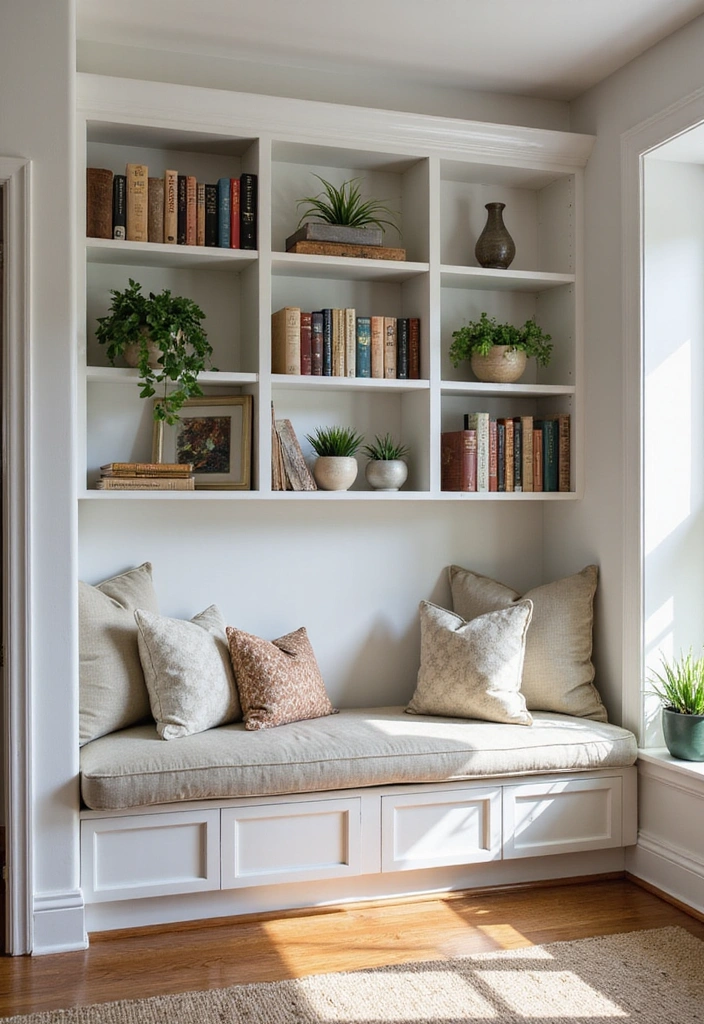 Living room with custom built-in bookshelves and a window seat.