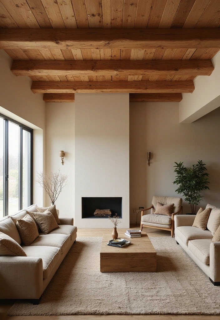 Living room ceiling with exposed wooden beams, adding rustic charm.