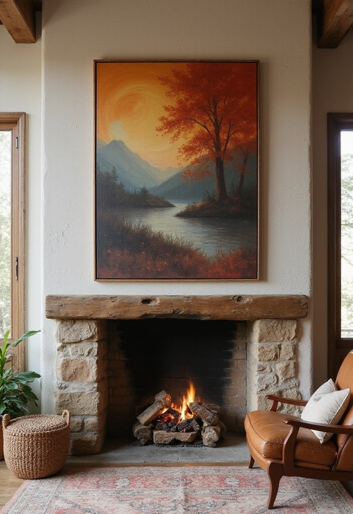 A fireplace with a natural stone surround serves as the focal point in an earthy living room.