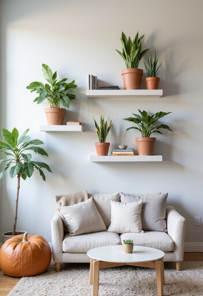 Wooden floating shelves displaying plants, books, and decor in a living room.