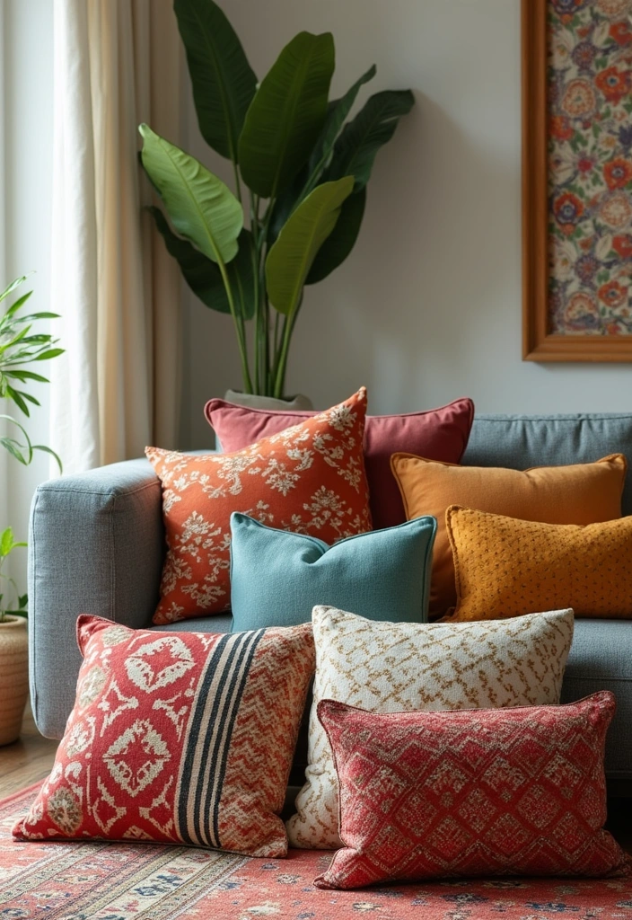 Living room with patterned throw pillows and a geometric area rug.